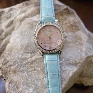 Vintage Watch Hello Kitty Quartz Watch Floral Rhinestone Dial Blue Strap Sanrio